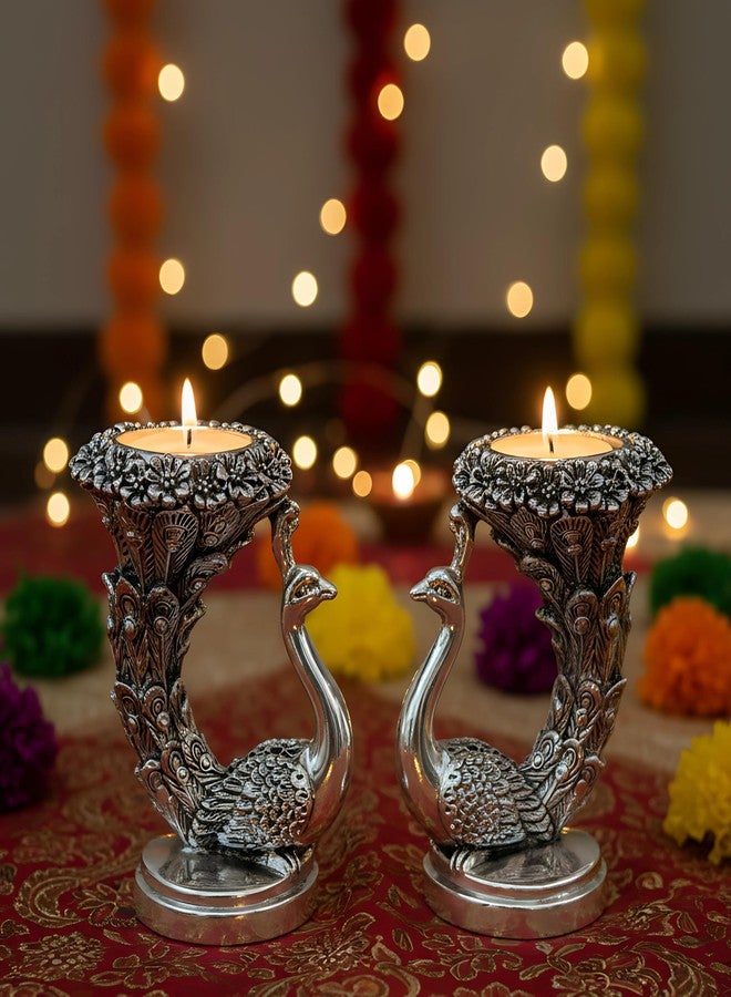 Dev Aastha 999 Silver Plated Peacock Idol | Pack of 2 | 9.5 cm Height | Vastu Decorative Temple Candle Holder | Auspicious Silver Gift - Image 1